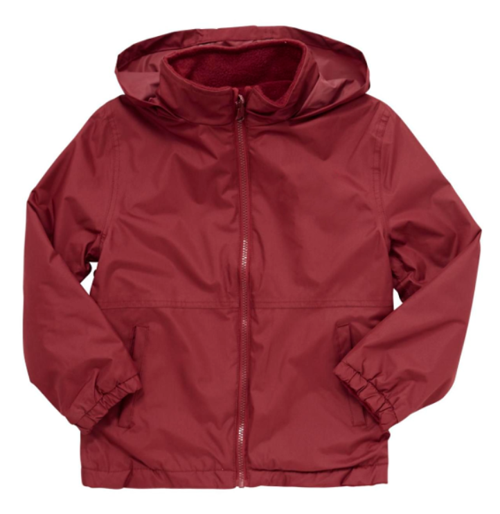Plain Reversible Fleece Jacket - Claret featuring a hood, zip-through design, and elasticated cuffs, emphasizing its practical, shower-resistant features.