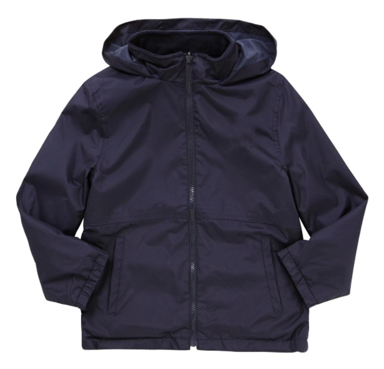 Plain Reversible Fleece Jacket - Navy, features a hood, zipper, and elasticated cuffs. It is shower resistant and fully reversible with pockets for practicality.